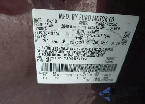 2010 Ford Edge Sel из США, поврежденный, VIN 2FMDK3JC2ABB76792